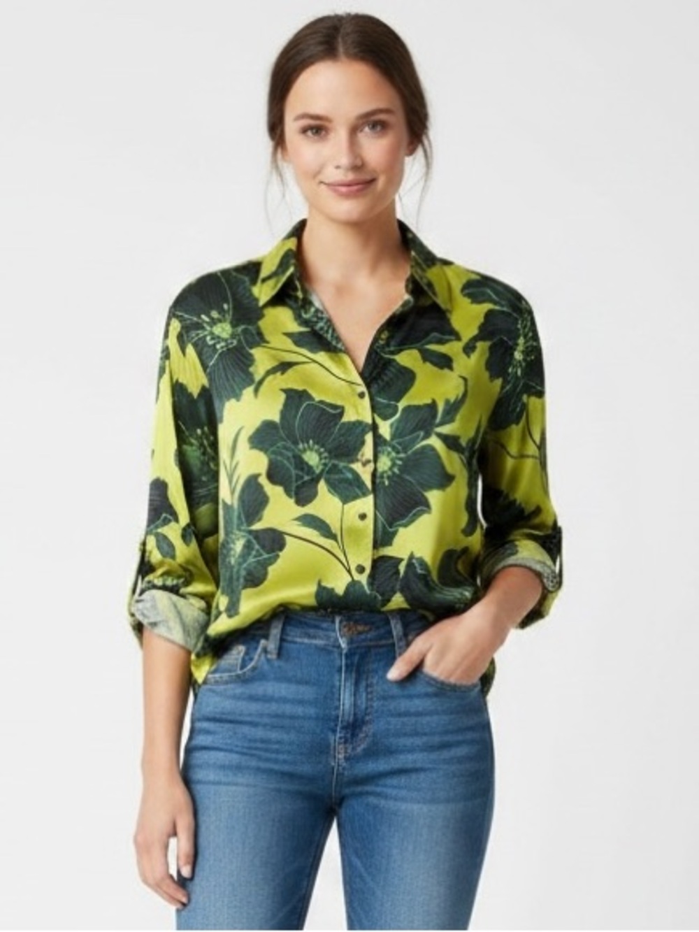 Bailey 44 | LIKE NEW Lime Yellow Floral Bohemian Collared Button Up Silky Blouse